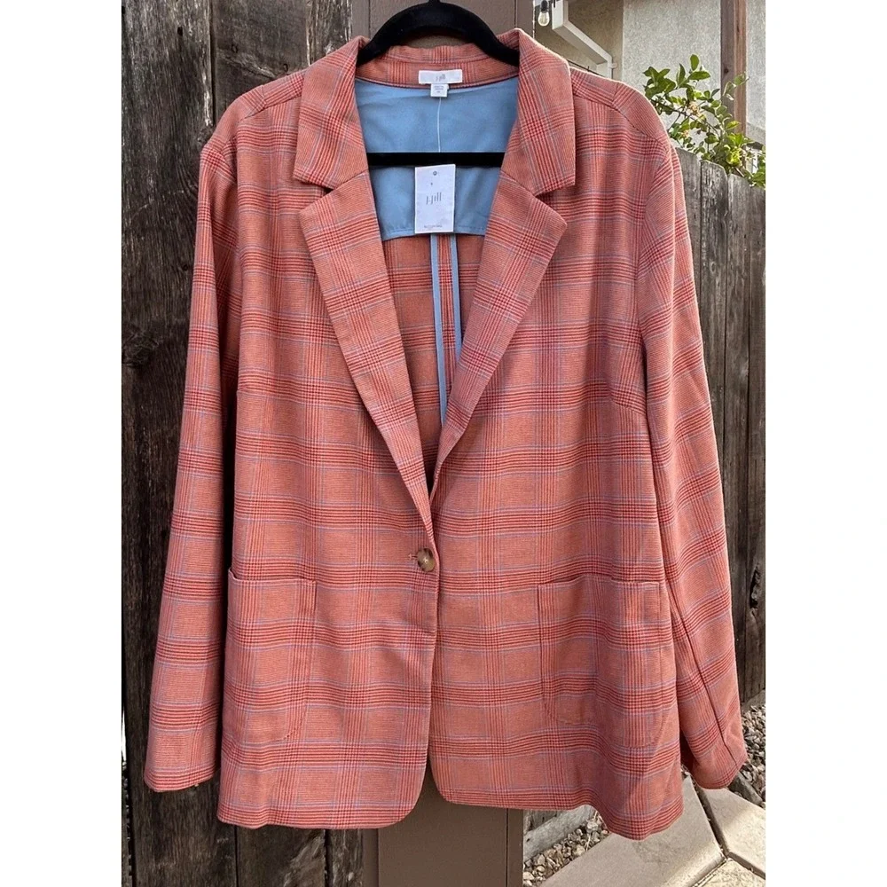 J.Jill Plaid Blazer Women's 2X Auburn Stretch Single Button Plaid Jacket NWT
